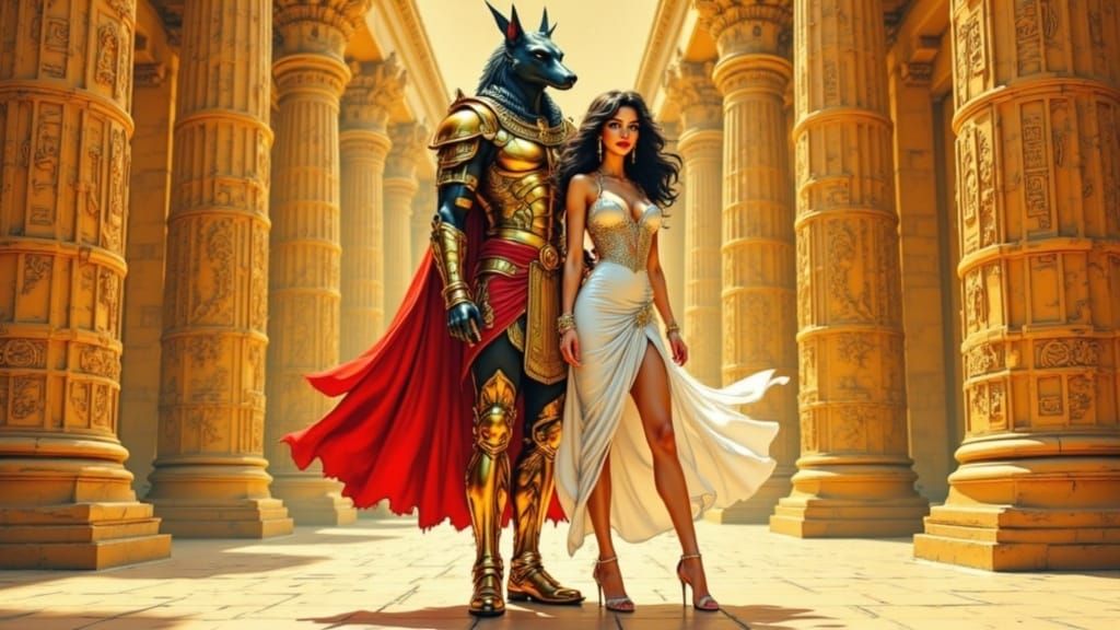 Ancient Warrior Meets Retro Pin-Up in Egyptian Temple Settin...