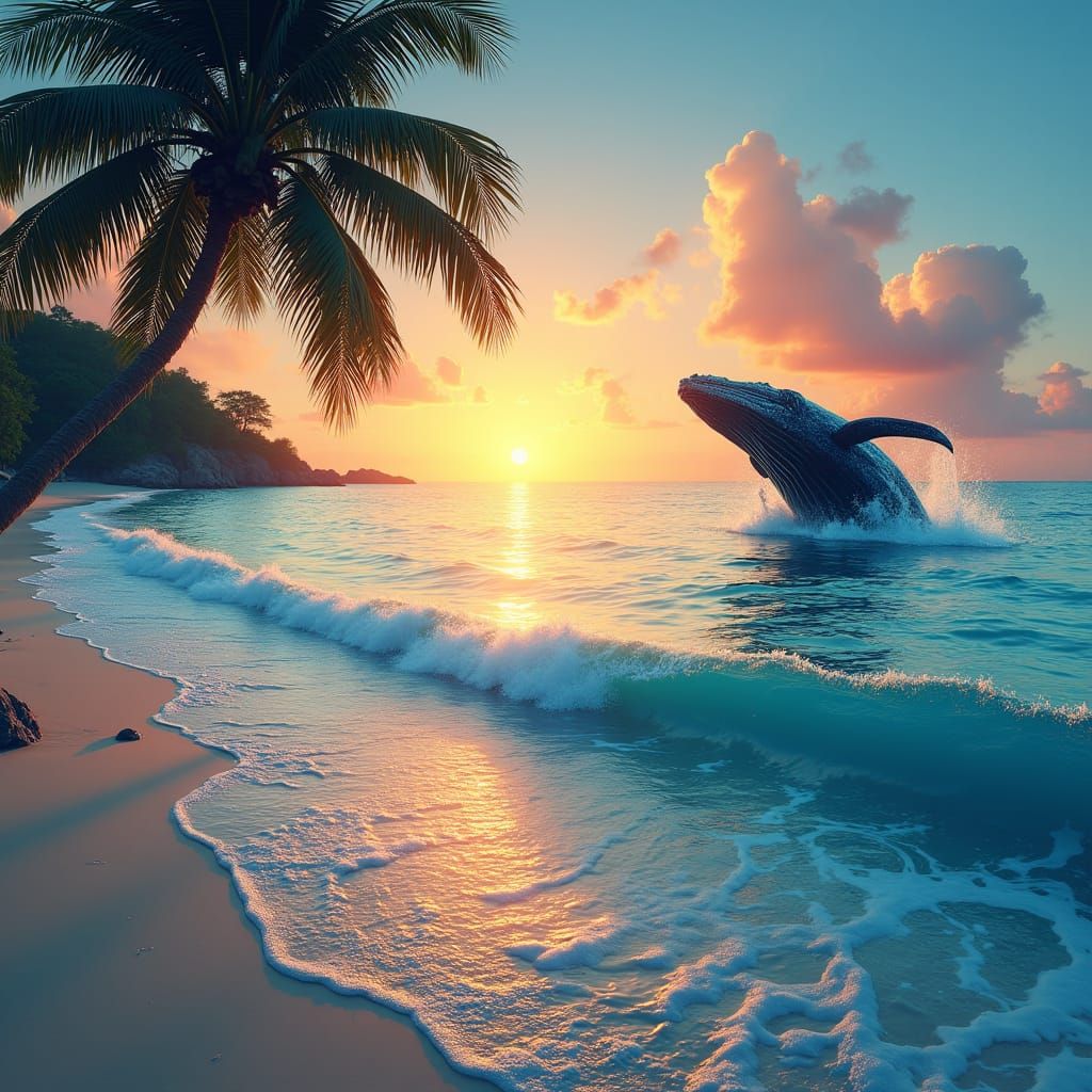 Spectacular Beach Sunset Whale in Splash Art Style