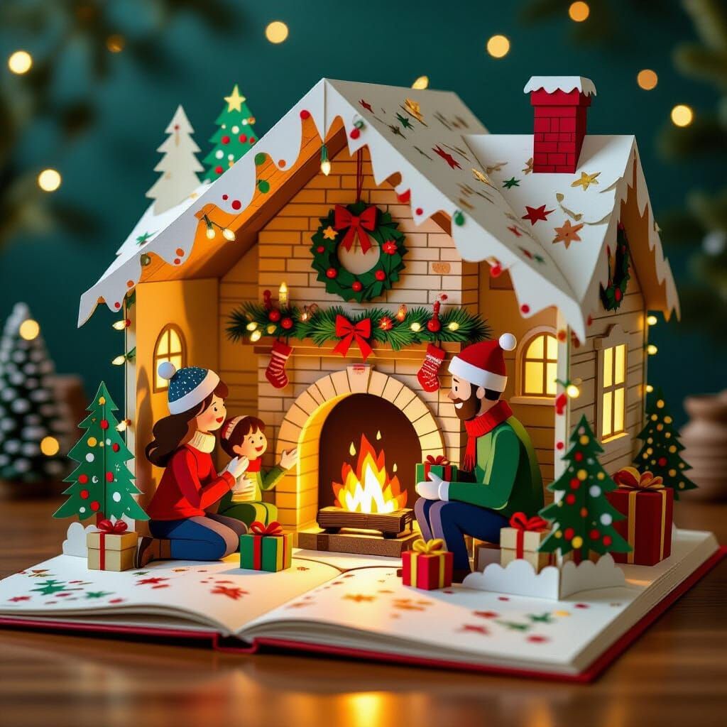 Charming Pop-Up Book Scene of Family Christmas by Fireplace
