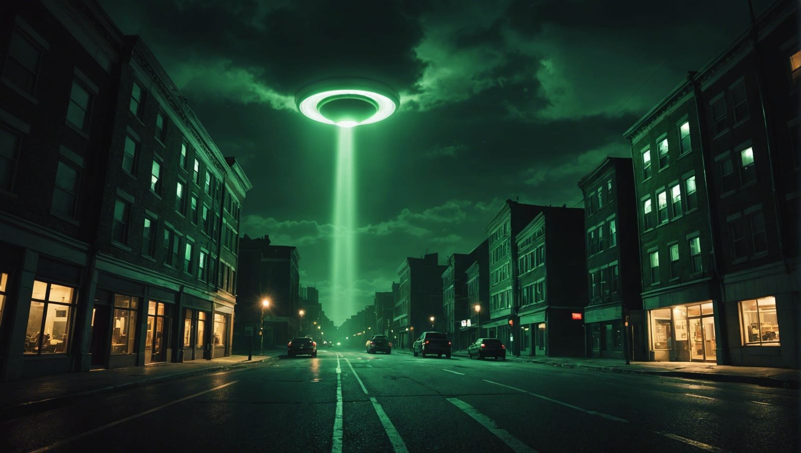 Terrifying Abduction Scene with Green Light Shaft