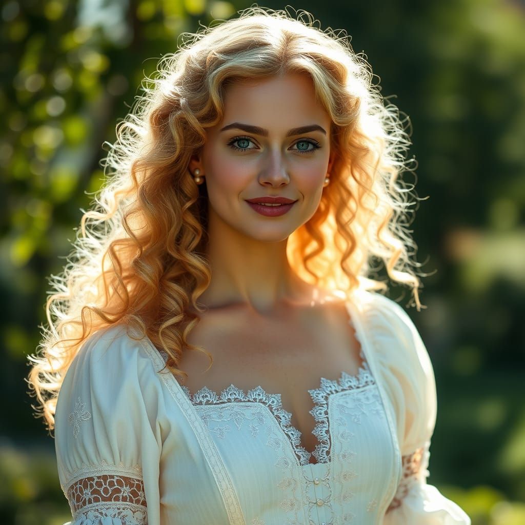 Ethereal Pre-Raphaelite Goddess in Serene Sunlit Setting