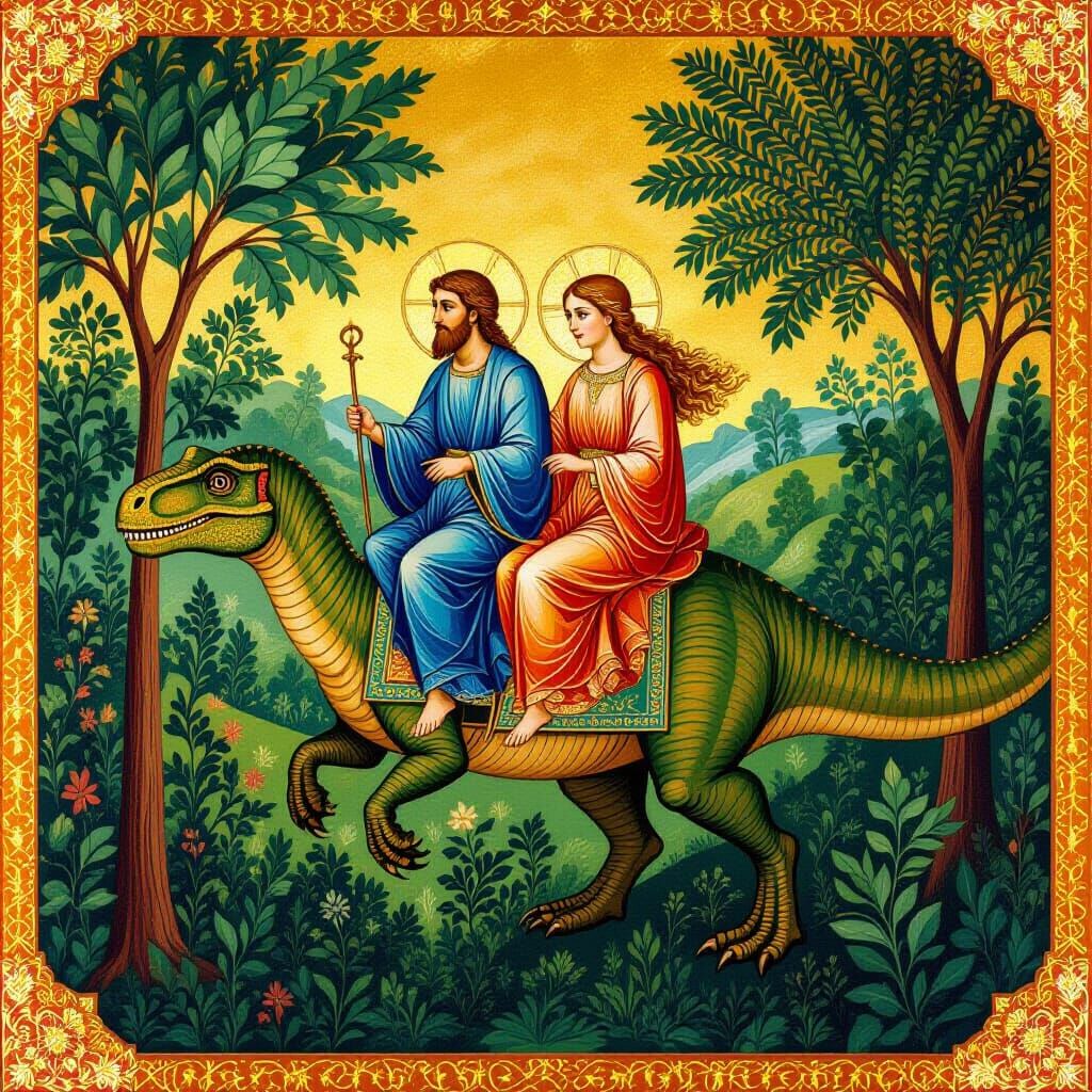 Adam and Eve Ride a Dinosaur in Eden