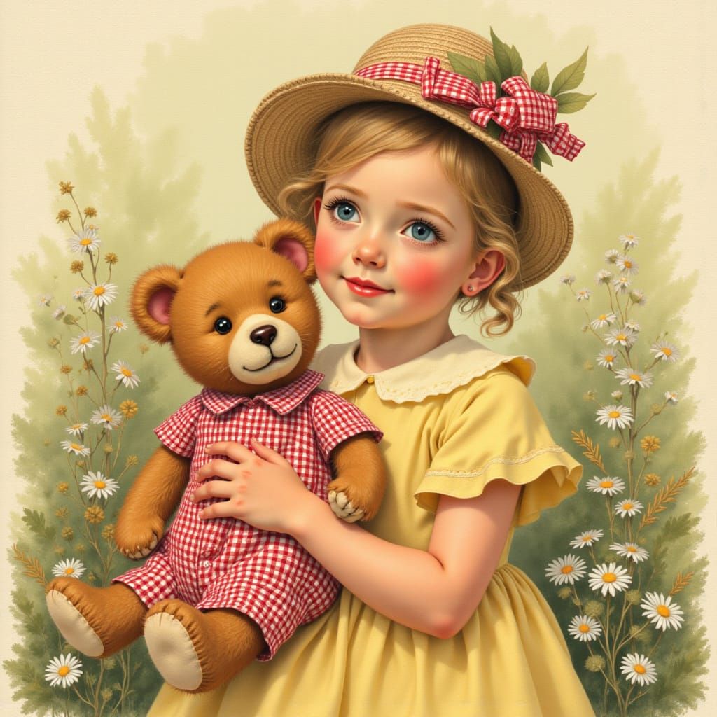 Girl with Gingham Teddy Bear, Storybook Illustration