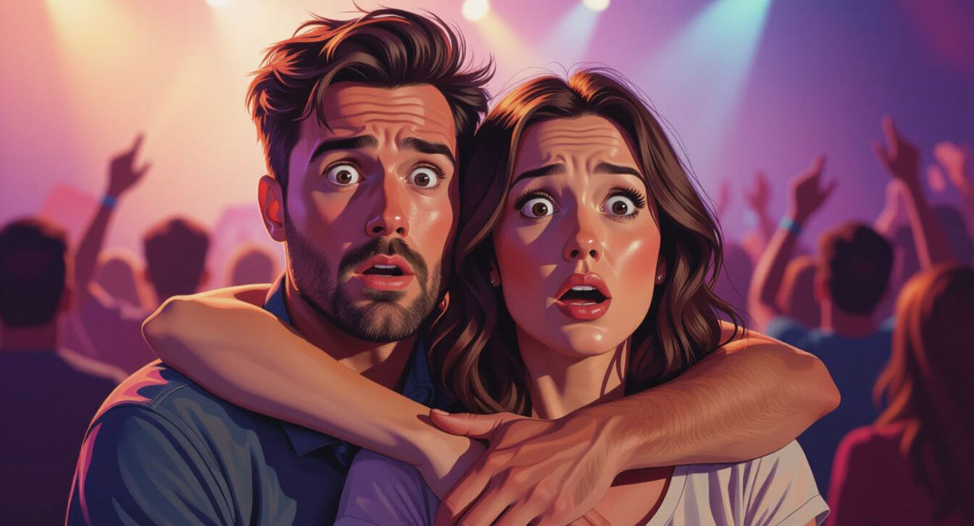 Shocked Couple at Concert in Hyperrealistic Style