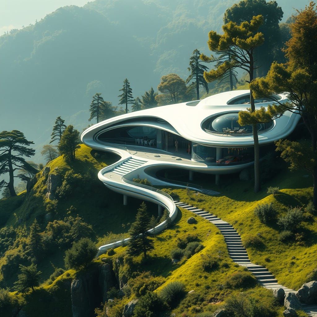 Sleek Futuristic Mansion on Verdant Hillside in Cyberpunk Ae...