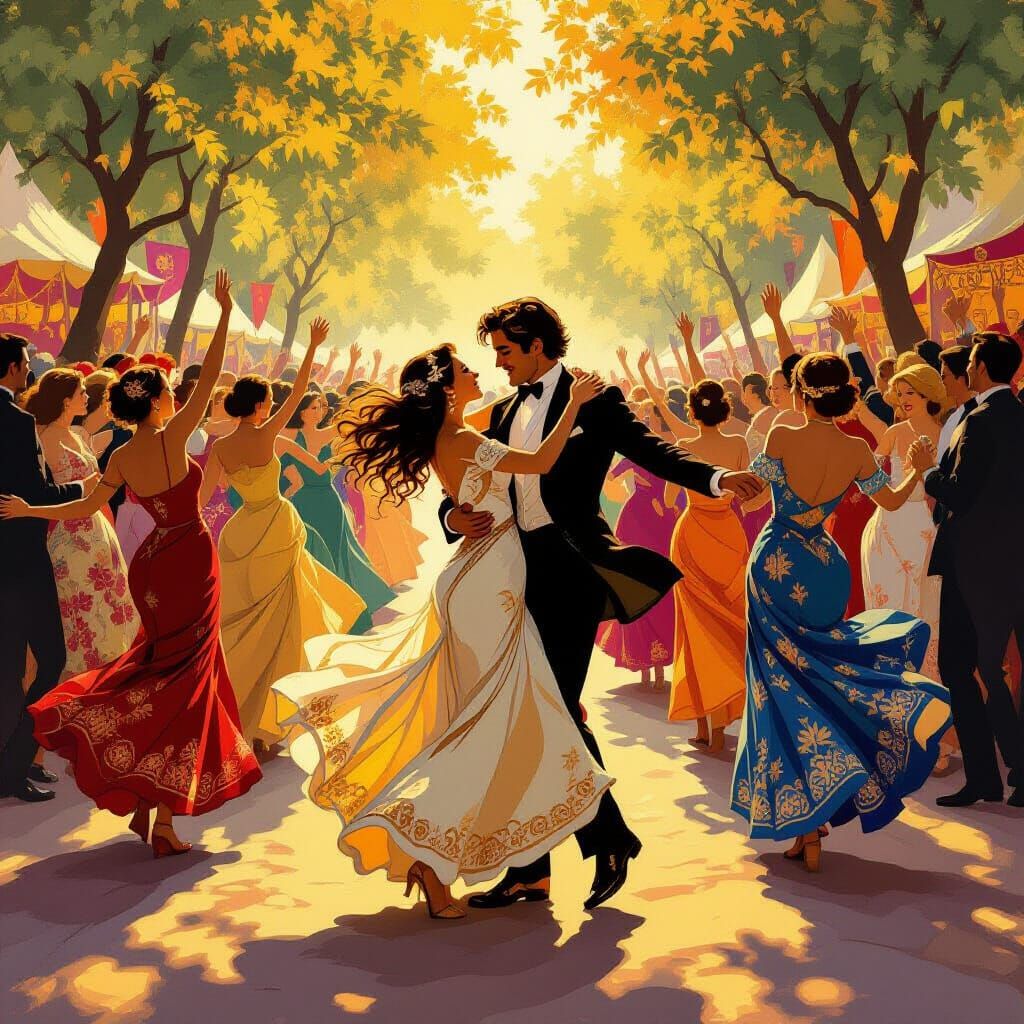 Joyful Festival Dancing Under Golden Hour Light