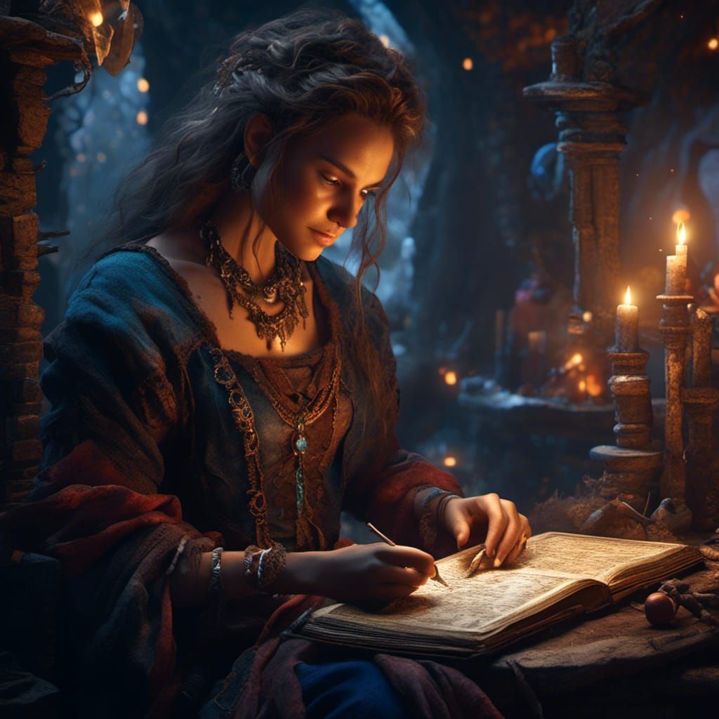 Gypsy Witch Working with Spell Book: Detailed Matte Painting