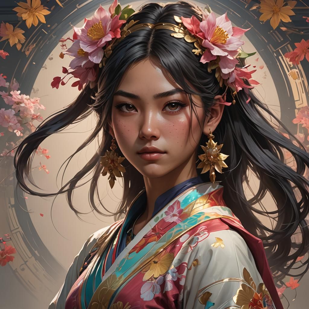 Japanese Mexican Girl Portrait in Art Nouveau Style