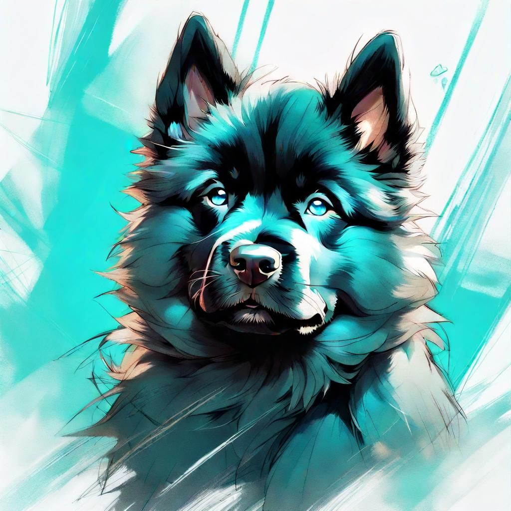 Adorable Black Akita Puppy Portrait in Digital Art Style
