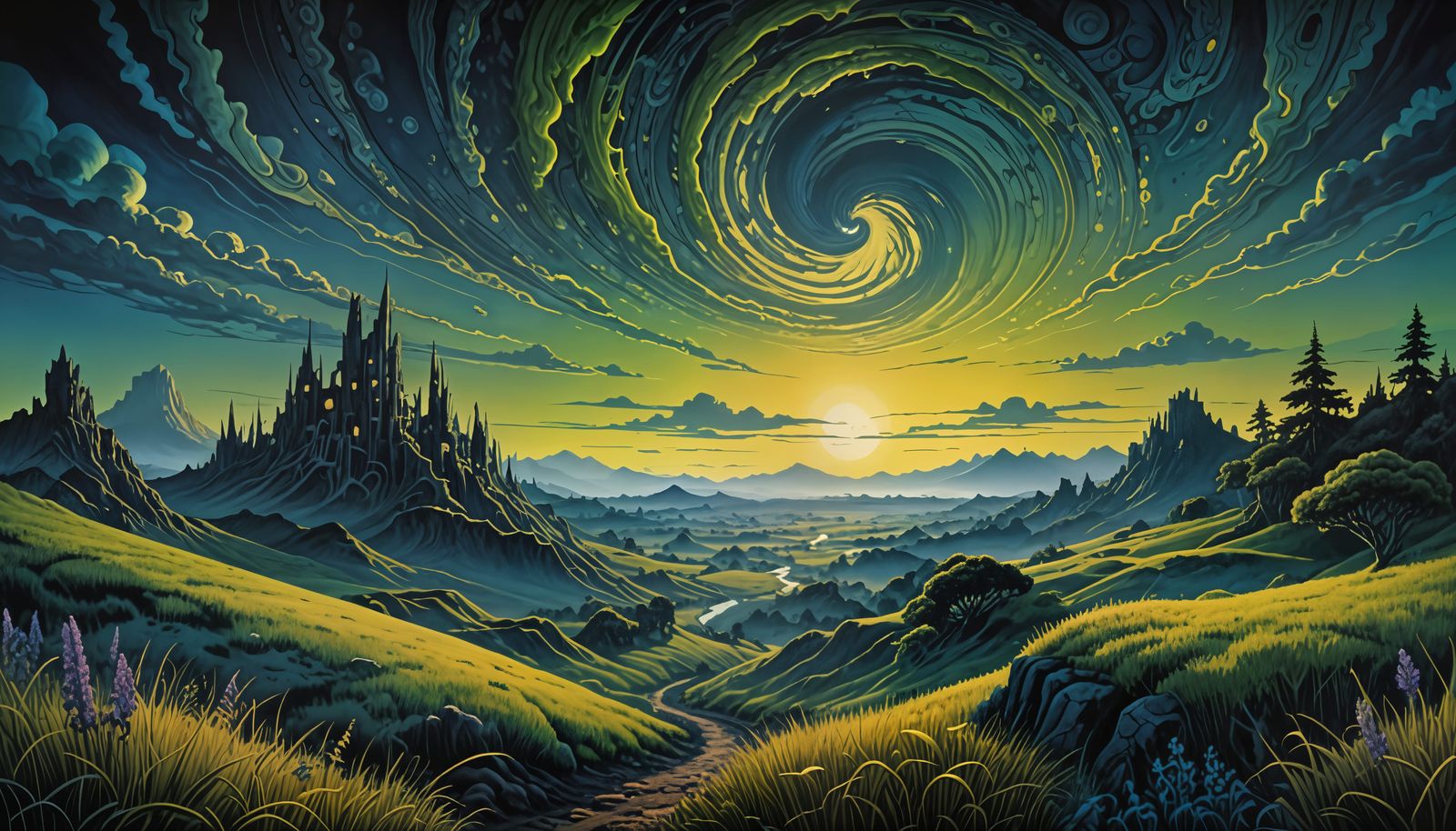 Surreal Meadow Dawn Under Starry Sky in Hyper-Realistic Styl...