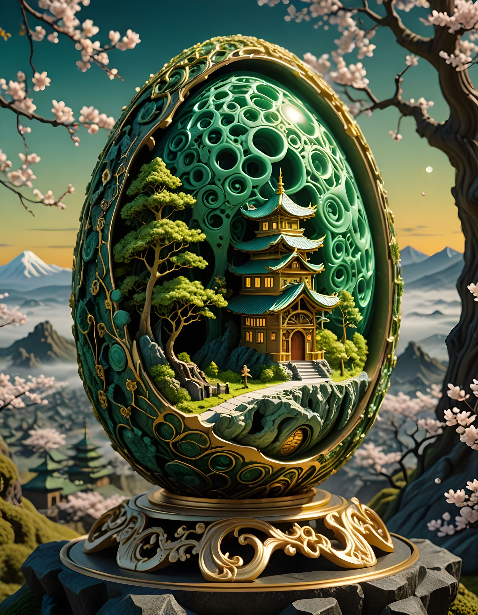Surreal Steampunk Jade Egg with Miniature Samurai Village an...