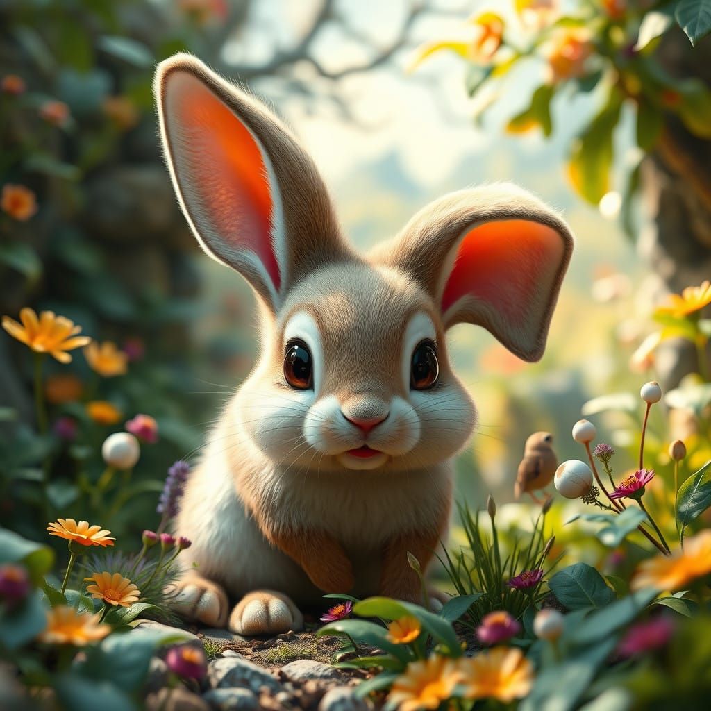 Dreamlike Whimsy: Oversized Baby Rabbit in Vibrant Fantasy F...