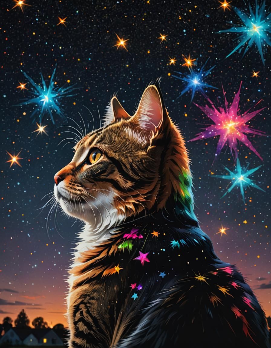 Cat Observes Colorful Stars in Hyperrealistic Sky