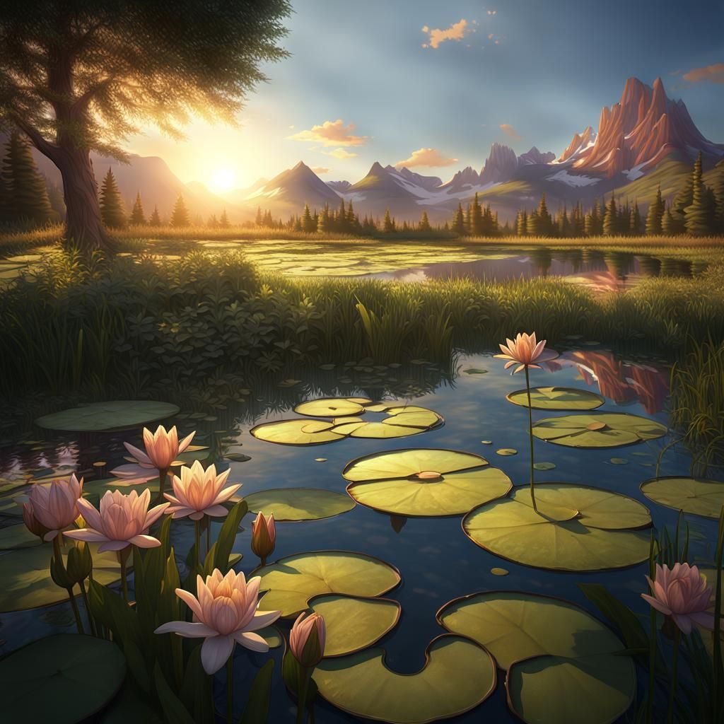 Sunset Pond: Lily Pads in Detailed Matte Painting