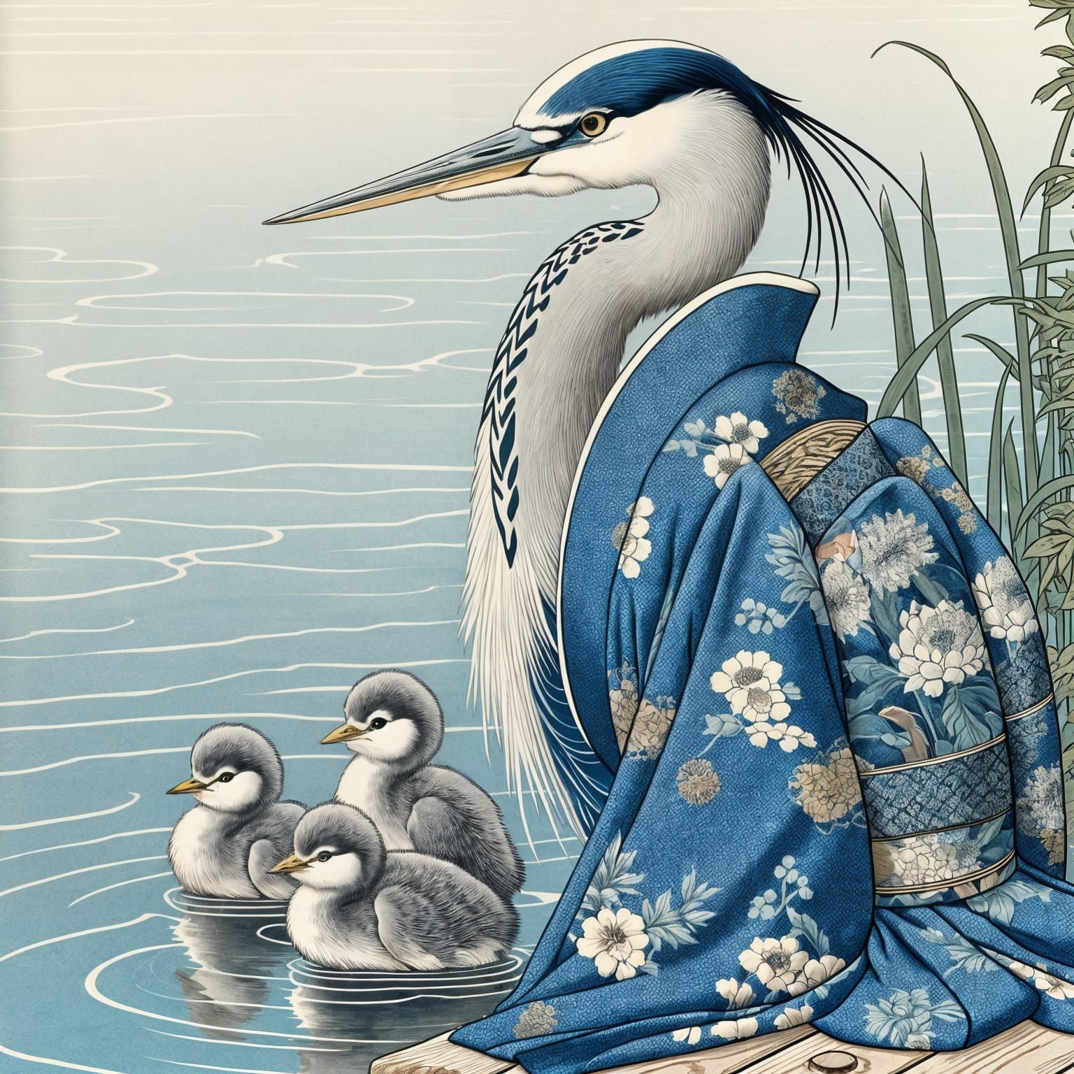 Heron in Kimono with Chicks: Ukiyo-e Style