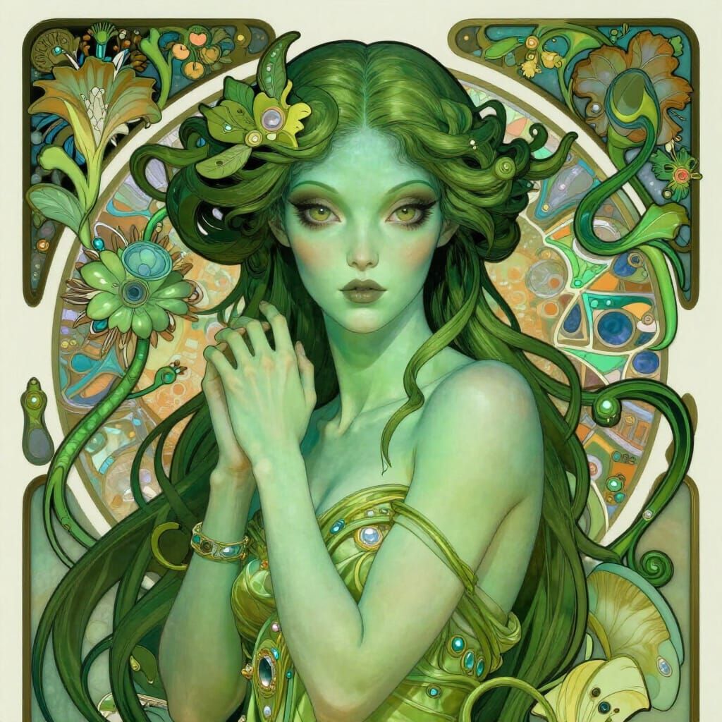 Art Nouveau Portrait of a Seductive Green Alien Woman
