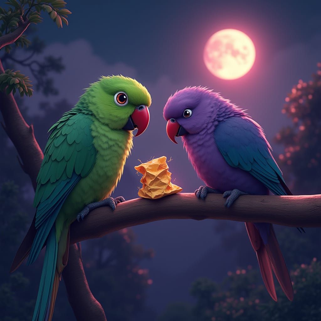 Vibrant Parrots Admire Shiny Chip Packet under Glowing Half ...