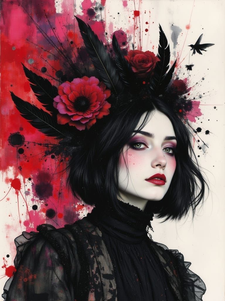 Goth Woman in Watercolor and Alcohol Ink Art