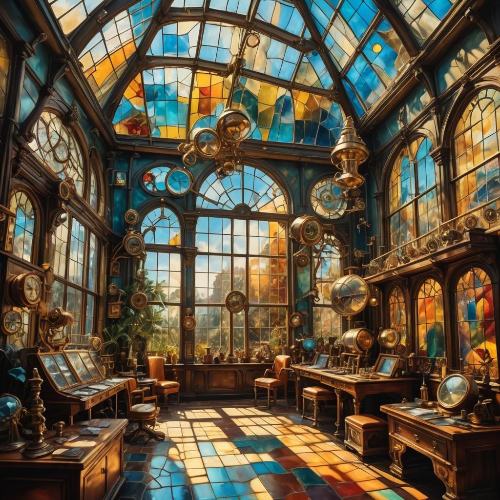 Steampunk Conservatory with Telescope in Surreal Style