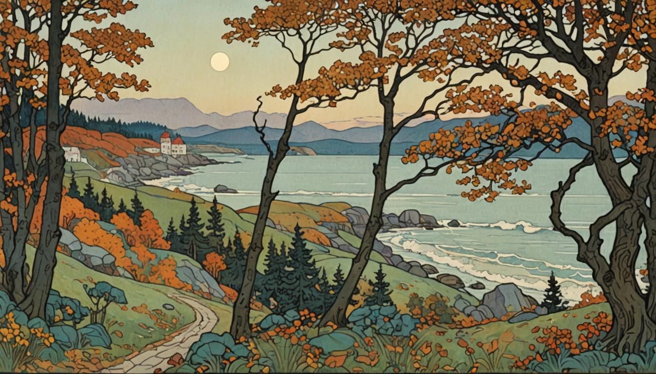 Autumn Seashore in Art Nouveau Style