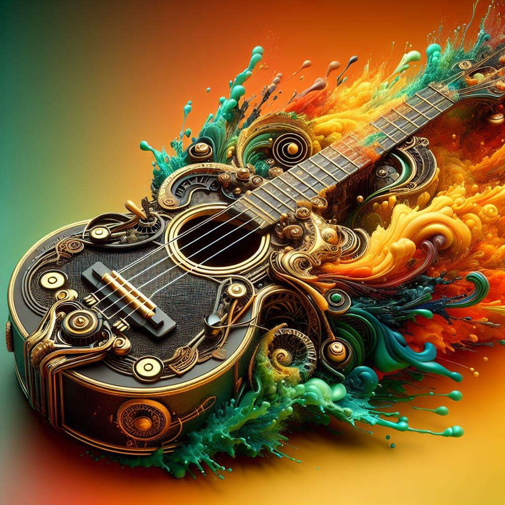 Steampunk Ukulele in Hyperrealistic Splash Art Style