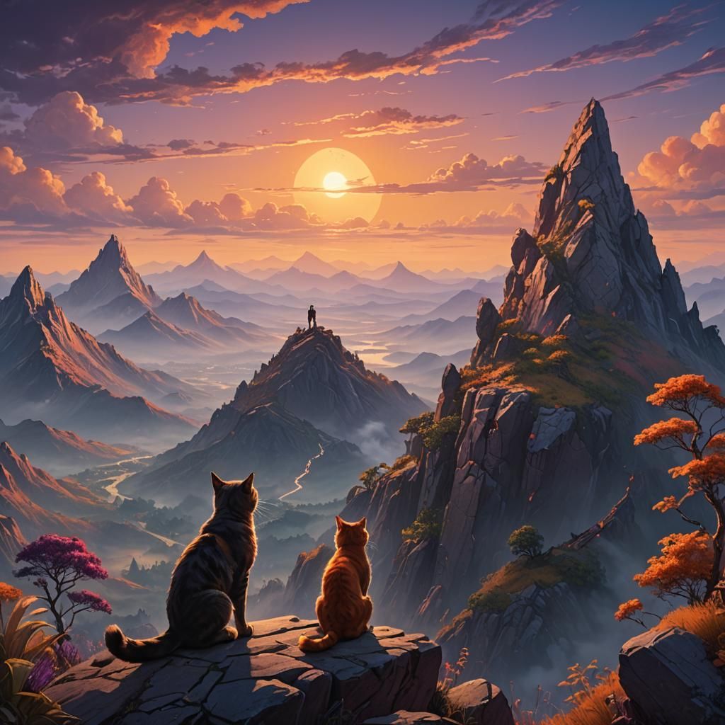Man and Cat Watch Sunset: Fantasy Matte Painting