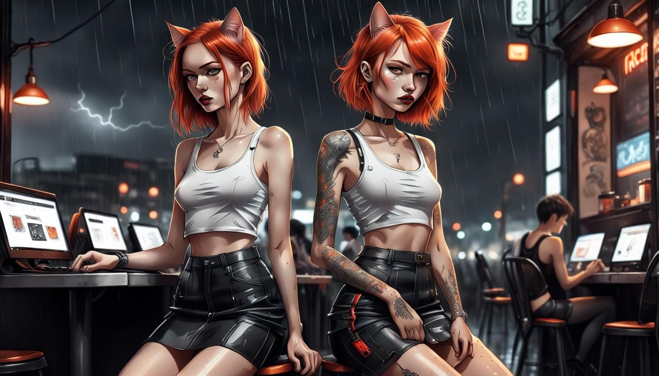 Android Cat-Girls on a Date in Neo-Noir Style
