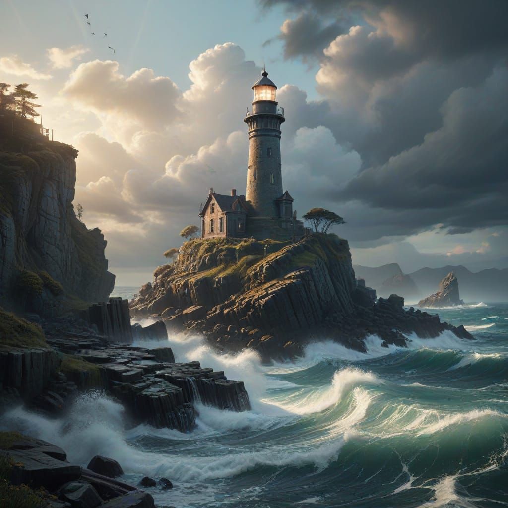 Ethereal Oceanscape with Luminous Lighthouse in Dreamlike Wo...