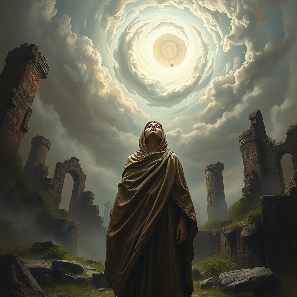 Mystical Figure Receives Divine Message in a Surreal Landsca...