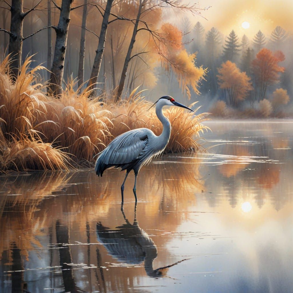 Winter Crane on Misty Autumn Lake: Watercolor Painting