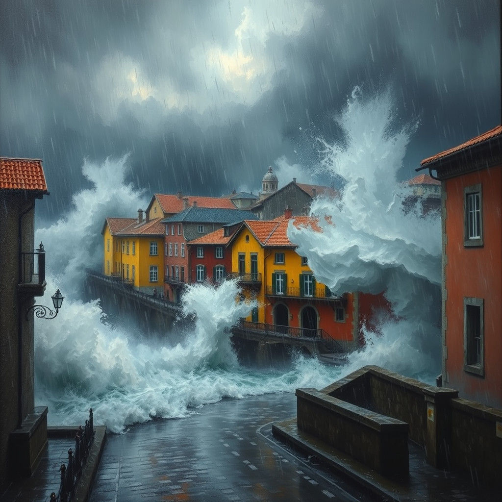 Tempest Ravages Azores Town: Romantic Seascape