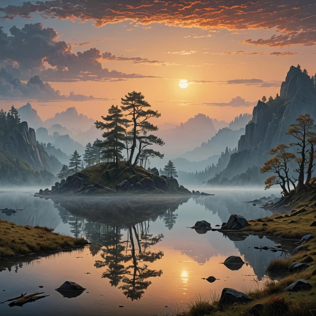 Misty Sunrise Over Lake in Romantic Style