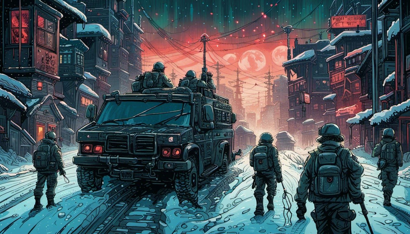 Dystopian Military Police Patrol in Snowbound City