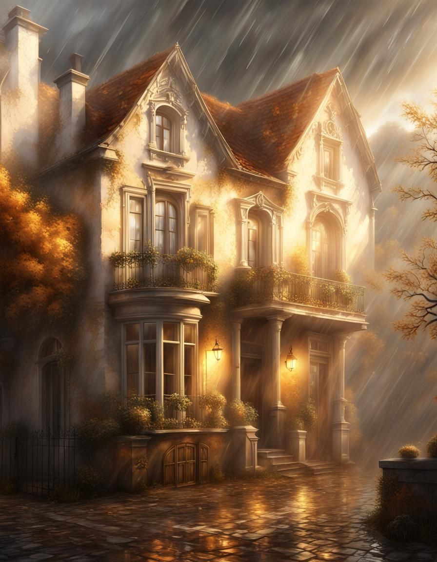 Old European House in Rainy Sunlight