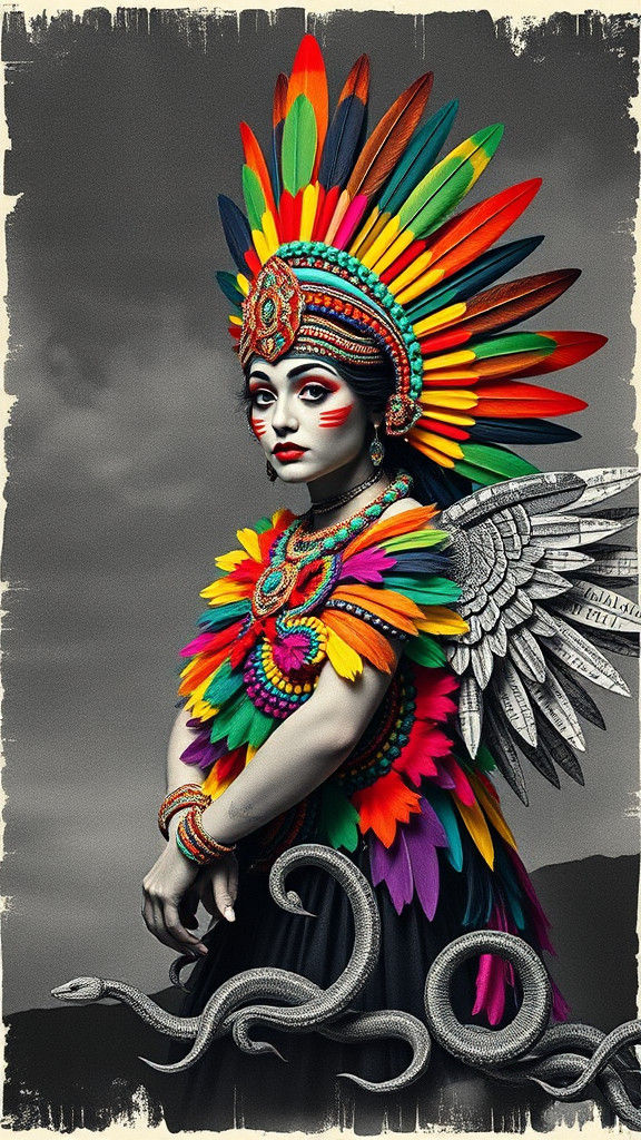 Vibrant Quetzalcoatl in Abstract Dada Collage