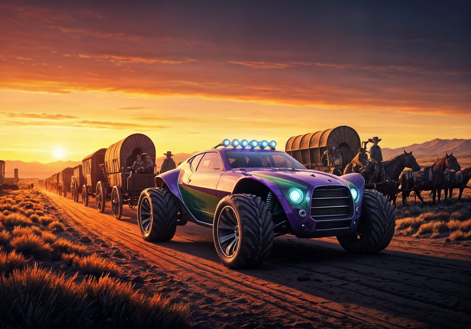 Futuristic Vehicle with Wagon Train in Vintage Sci-Fi Style
