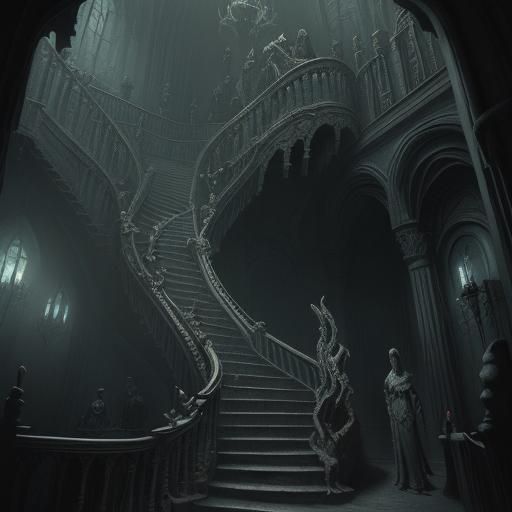 Creepy Castle Stairway with Monsters: Gothic Horror