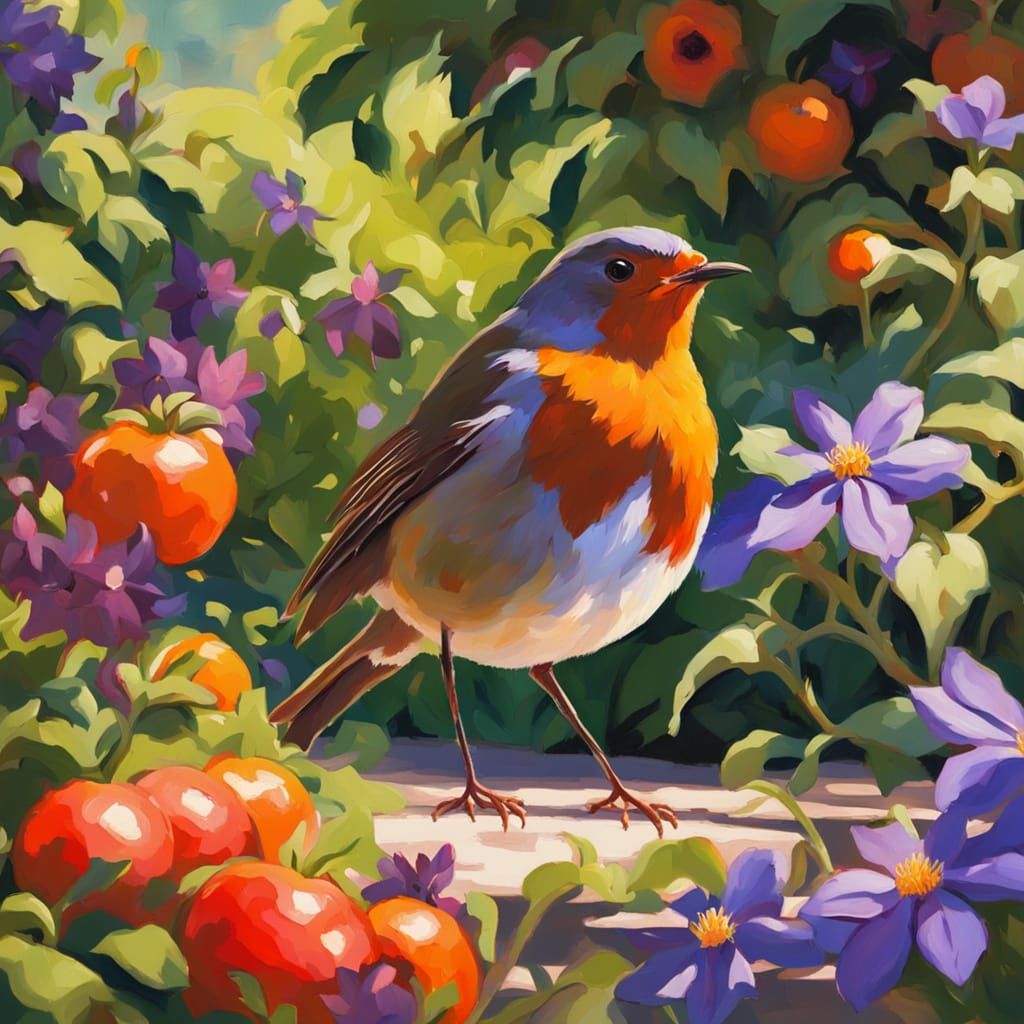Robin in Vibrant Cottage Garden as Gouache Painting
