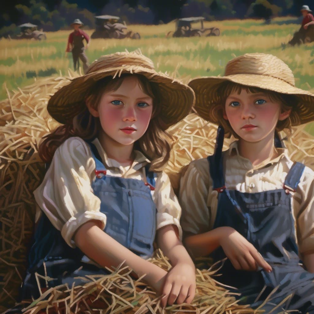Farm sisters in dungarees and straw hats