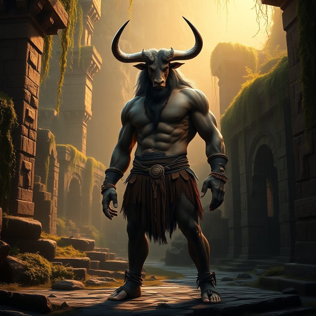 Heroic Minotaur in Ancient Ruins: Fantasy Matte Painting