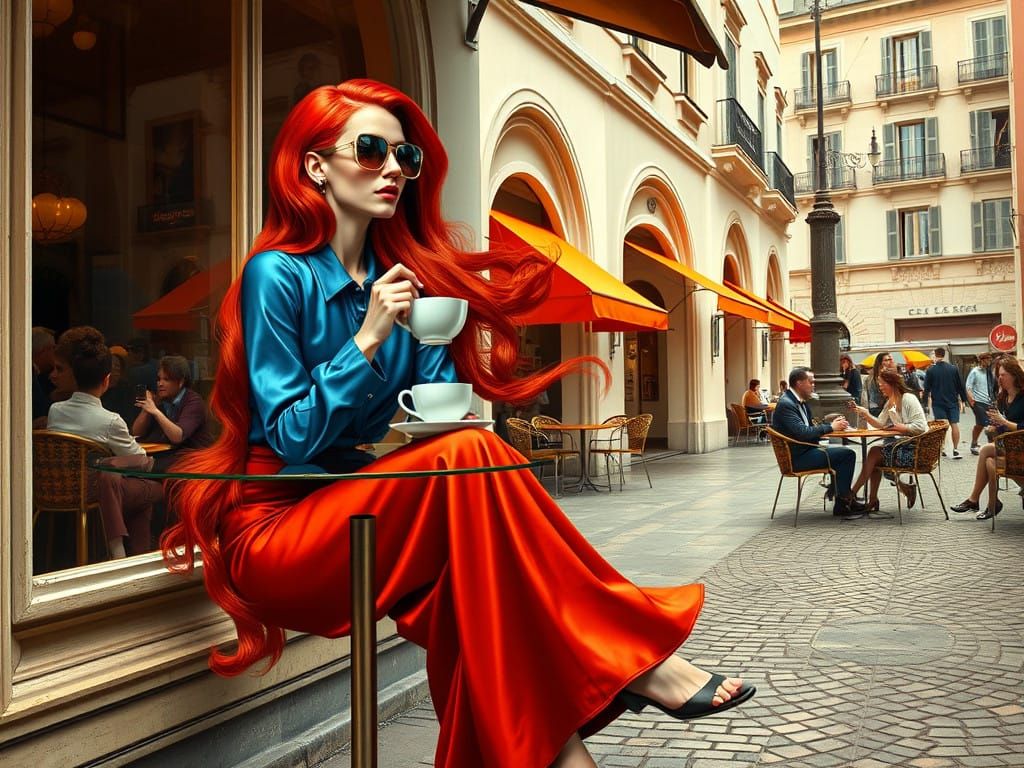 Surreal Red-Haired Woman Sips Coffee in a Dreamlike Café Sce...