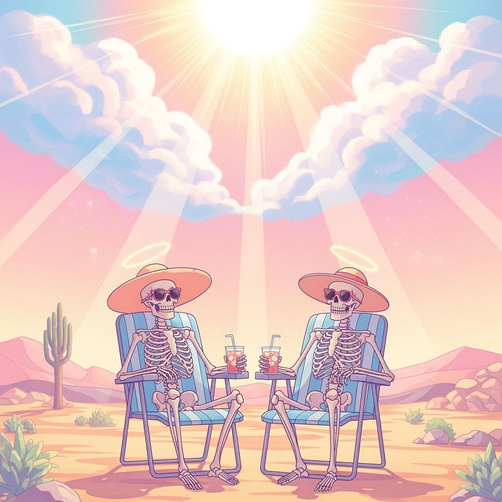 Skeletons Enjoying Sunshine in Desert Landscape
