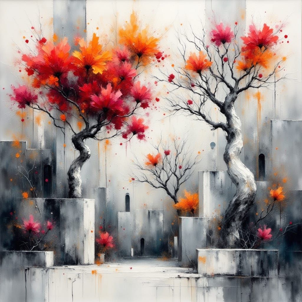 Vibrant Bougainvillea and Bonsai Trees in Contemporary Art