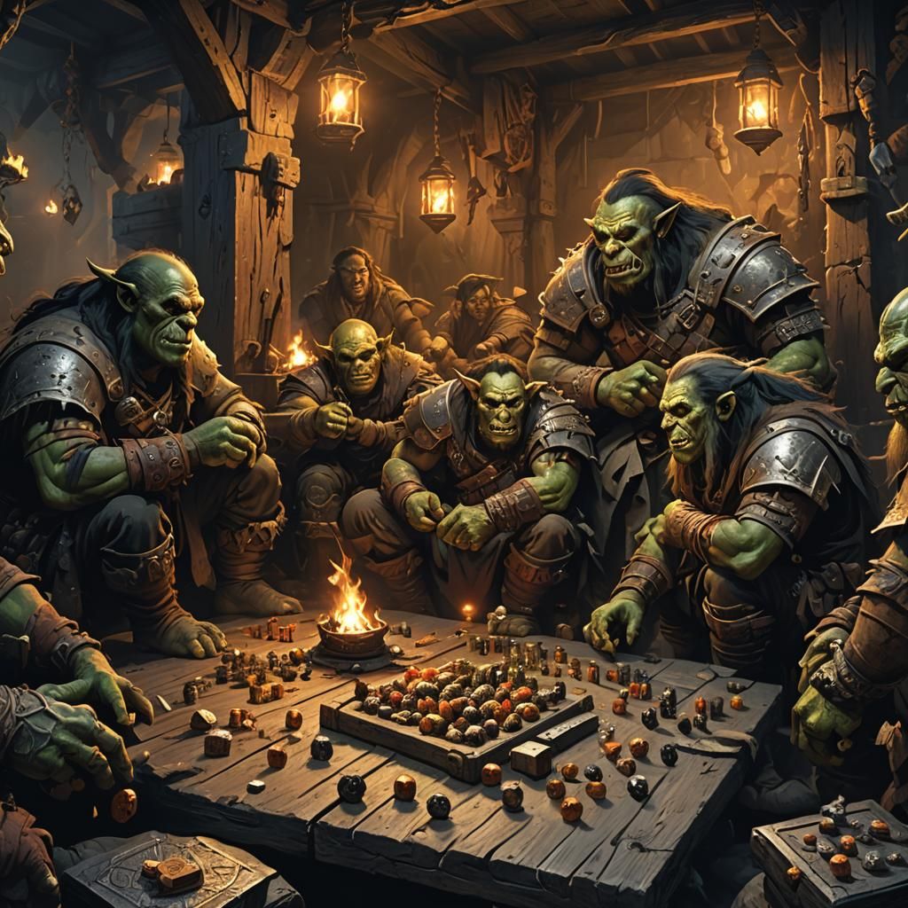 Orc Raiders in Dimly Lit Dungeon Encampment