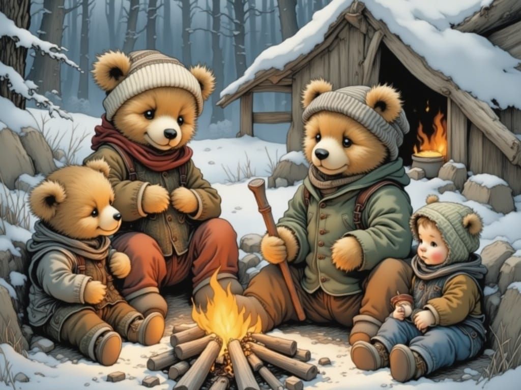 Teddy Bear Family Camping in Winter Surprise