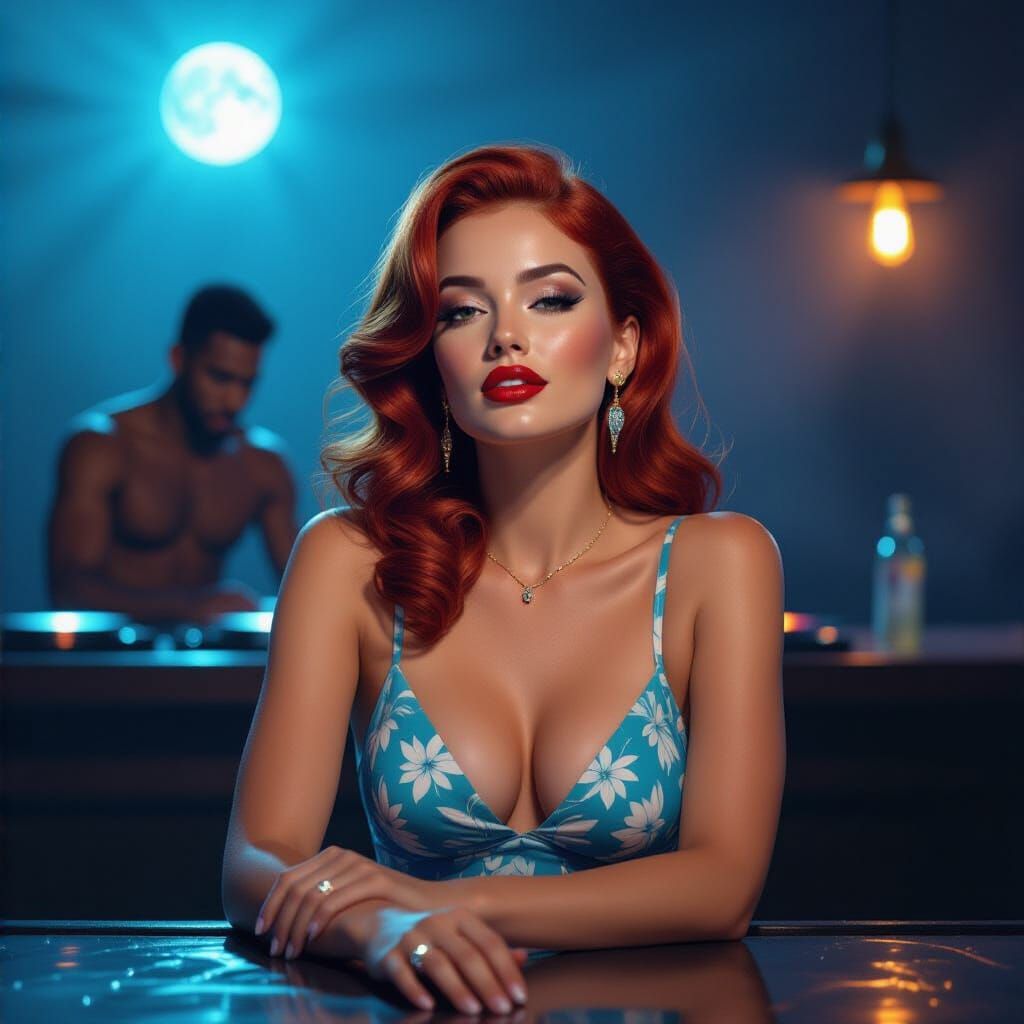 Redhead Pin-Up in Rainy Cuban Landscape Art