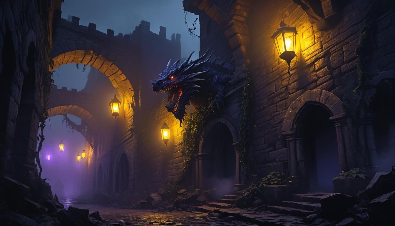 Dragon in Fog-Shrouded Ruins: Dark Fantasy Art