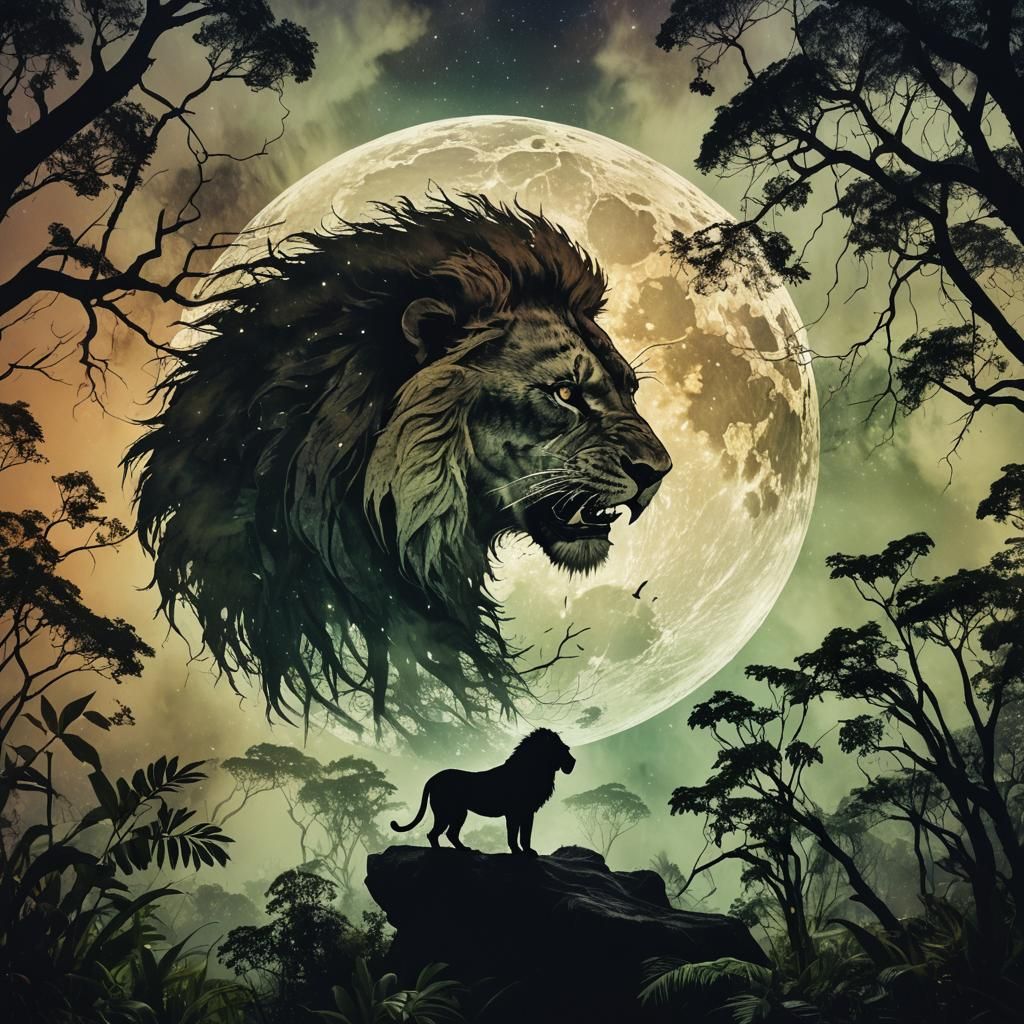 Lion and Moon Double Exposure in Rainforest