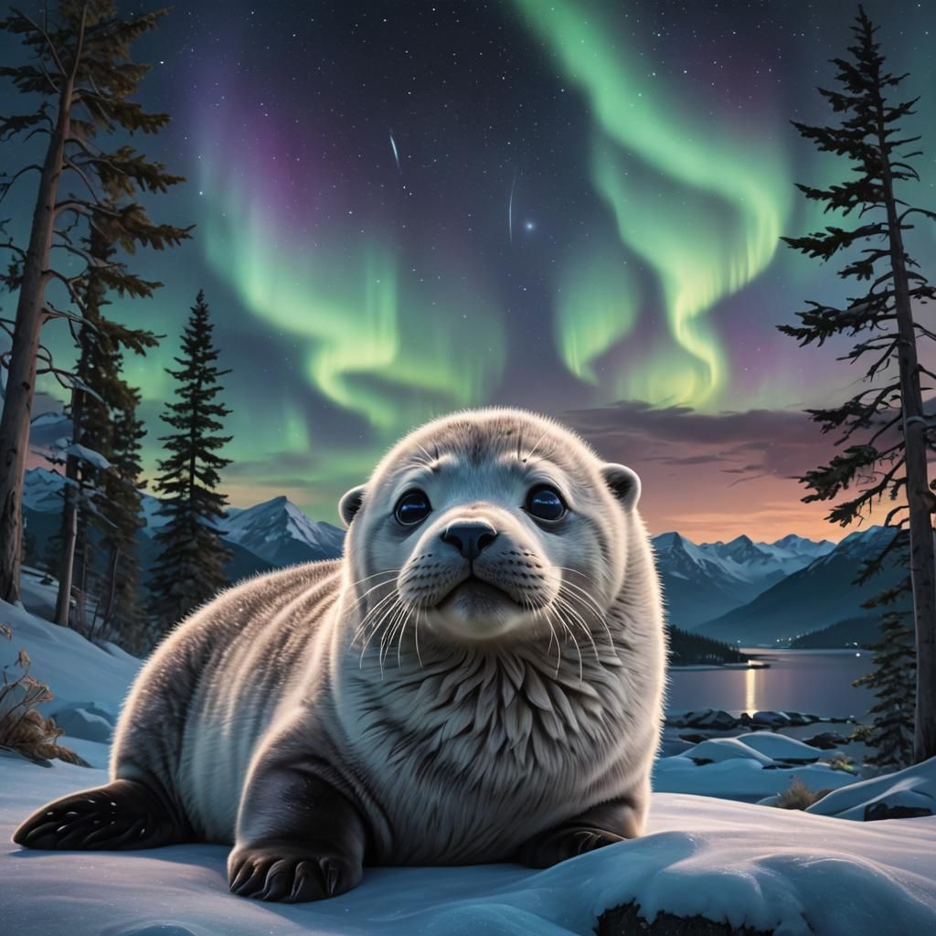 Baby Seal Gazes at the Northern Lights