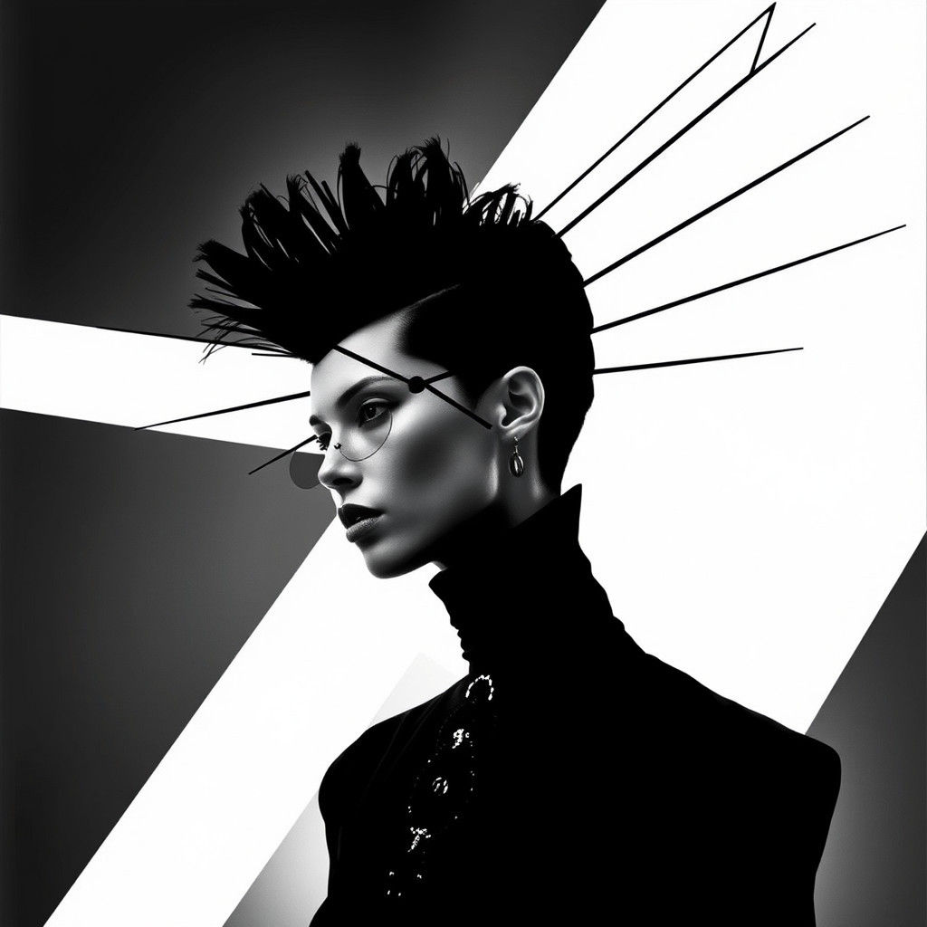 Geometric Winged Model in Dadaist Black and White